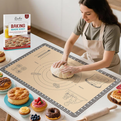 Silicone Baking Mat with 10 Recipes, Extra Thick Silicone Mats for Baking, Non Stick Pastry Mat,Reusable kneading Dough Rolling Mat for Cookie, Macaron, Bread, Pizza Black 26X16 INCH