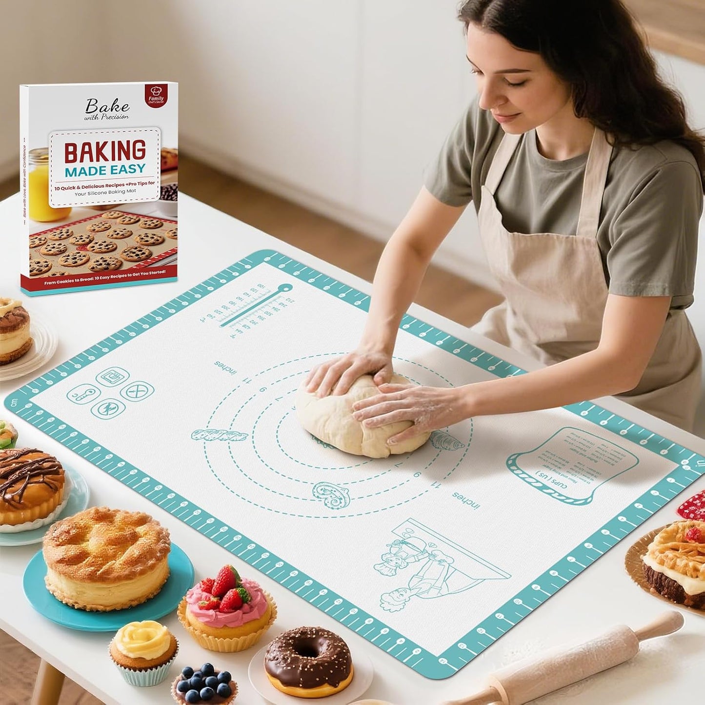 Silicone Baking Mat with 10 Recipes, Extra Thick Silicone Mats for Baking, Non Stick Pastry Mat,Reusable kneading Dough Rolling Mat for Cookie, Macaron, Bread, Pizza Black 26X16 INCH