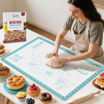 Silicone Baking Mat with 10 Recipes, Extra Thick Silicone Mats for Baking, Non Stick Pastry Mat,Reusable kneading Dough Rolling Mat for Cookie, Macaron, Bread, Pizza Black 26X16 INCH
