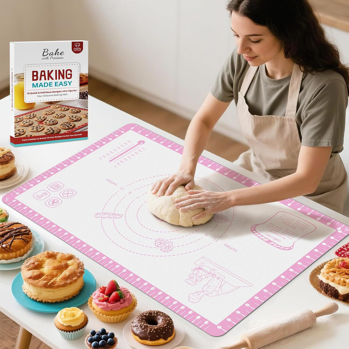 Silicone Baking Mat with 10 Recipes, Extra Thick Silicone Mats for Baking, Non Stick Pastry Mat,Reusable kneading Dough Rolling Mat for Cookie, Macaron, Bread, Pizza Black 26X16 INCH