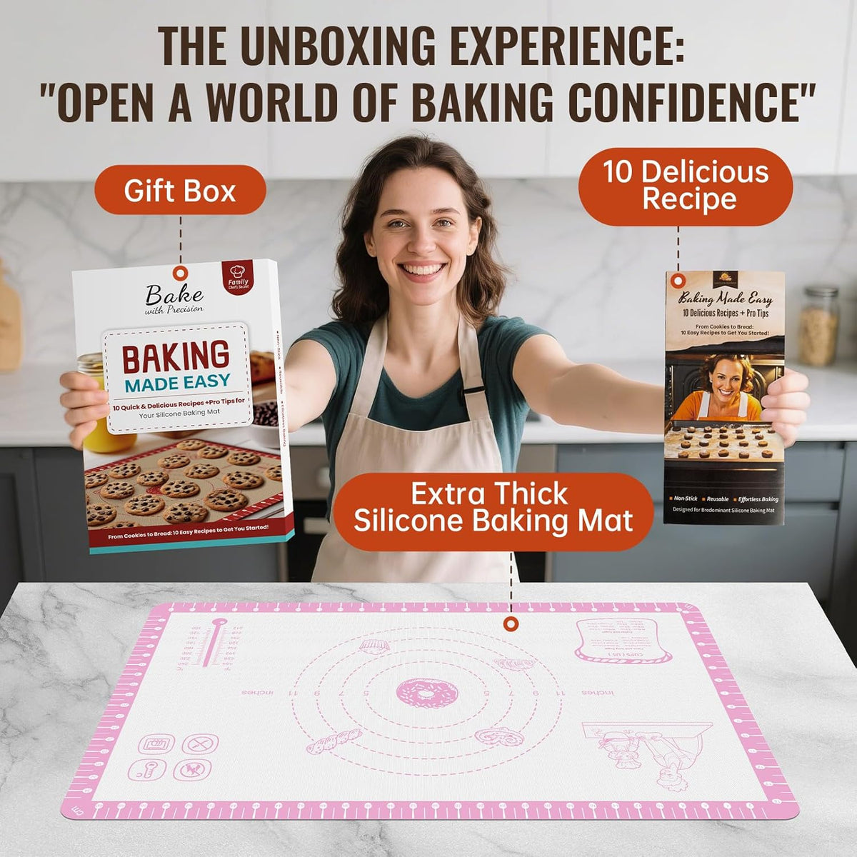 Silicone Baking Mat with 10 Recipes, Extra Thick Silicone Mats for Baking, Non Stick Pastry Mat,Reusable kneading Dough Rolling Mat for Cookie, Macaron, Bread, Pizza Black 26X16 INCH