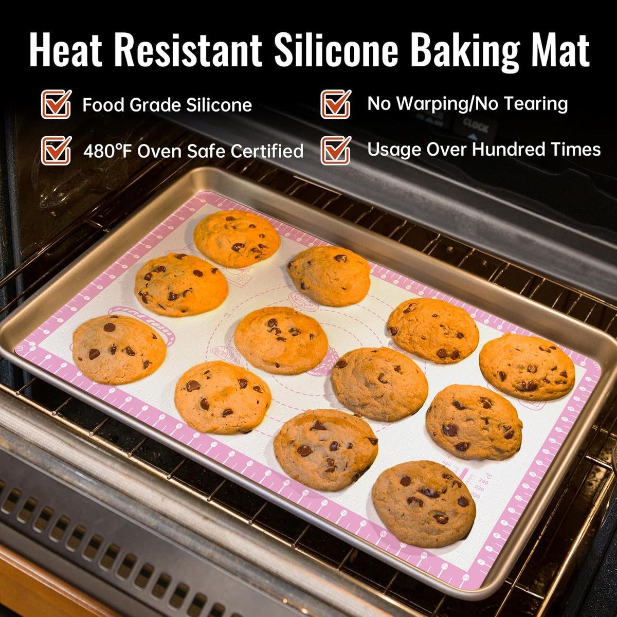 Silicone Baking Mat with 10 Recipes, Extra Thick Silicone Mats for Baking, Non Stick Pastry Mat,Reusable kneading Dough Rolling Mat for Cookie, Macaron, Bread, Pizza Black 26X16 INCH