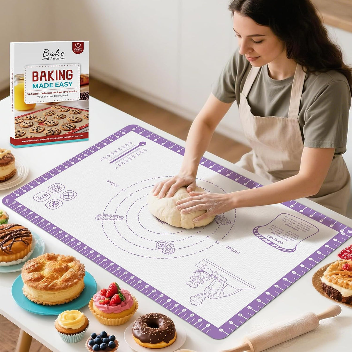 Silicone Baking Mat with 10 Recipes, Extra Thick Silicone Mats for Baking, Non Stick Pastry Mat,Reusable kneading Dough Rolling Mat for Cookie, Macaron, Bread, Pizza Black 26X16 INCH