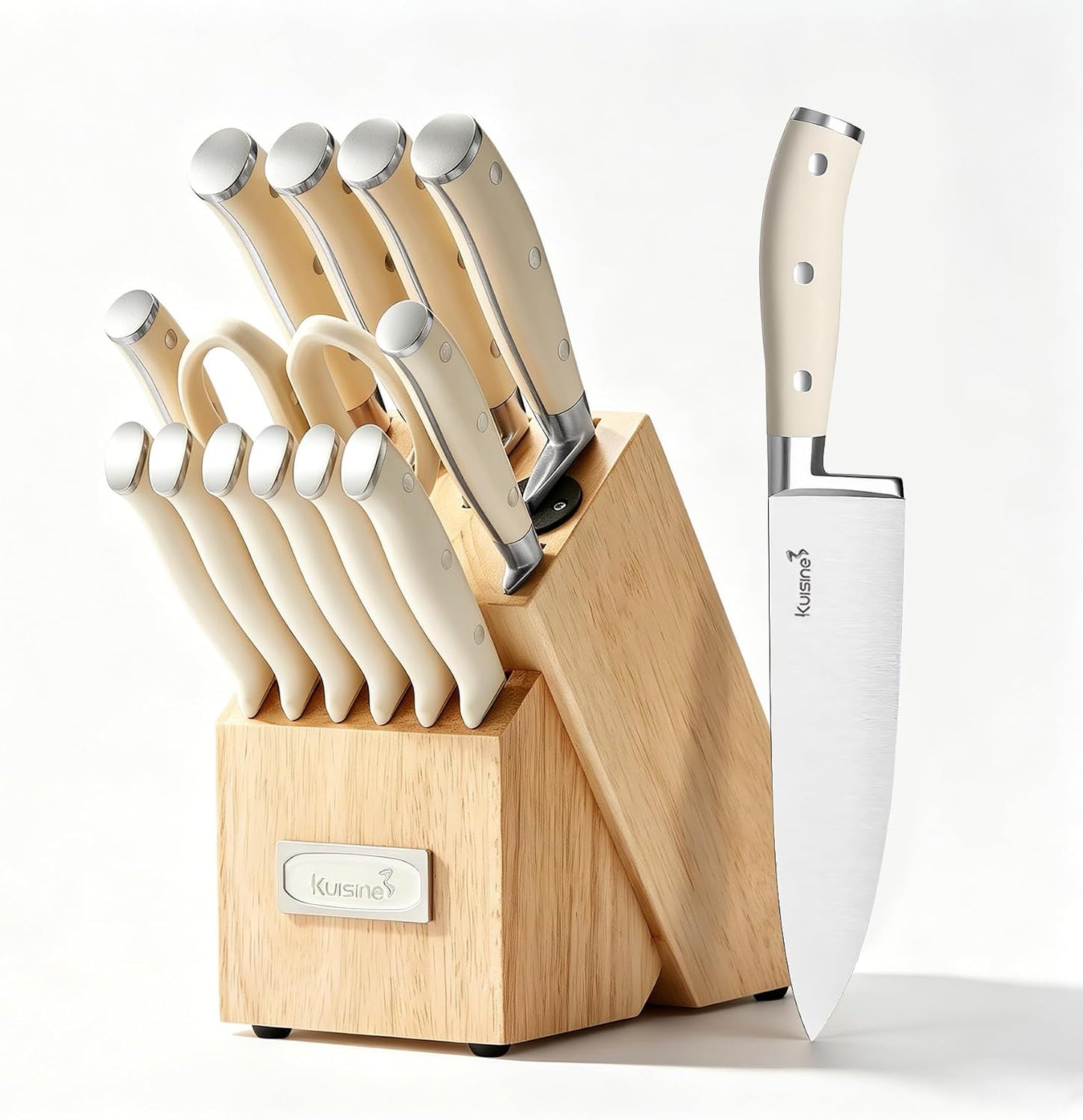 Chef Knife Set, High Carbon Stainless Steel Ultra Sharp Blade Ergonomic Handle, Kitchen Knife Block Set with Built-in Sharpener, Elegant Gift for Holiday(15 PCS Pro White)