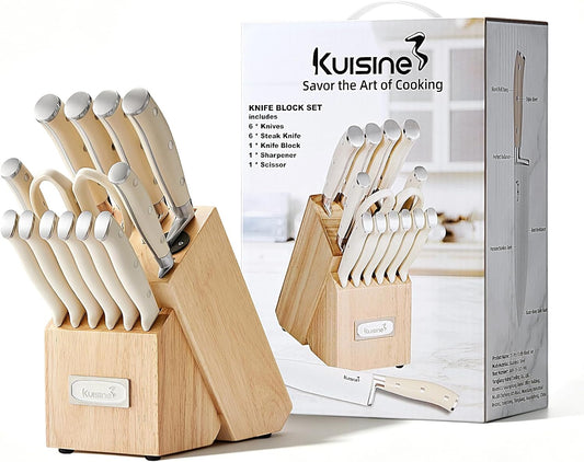 Chef Knife Set, High Carbon Stainless Steel Ultra Sharp Blade Ergonomic Handle, Kitchen Knife Block Set with Built-in Sharpener, Elegant Gift for Holiday(15 PCS Pro White)