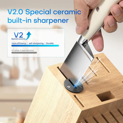 Chef Knife Set, High Carbon Stainless Steel Ultra Sharp Blade Ergonomic Handle, Kitchen Knife Block Set with Built-in Sharpener, Elegant Gift for Holiday(15 PCS Pro White)
