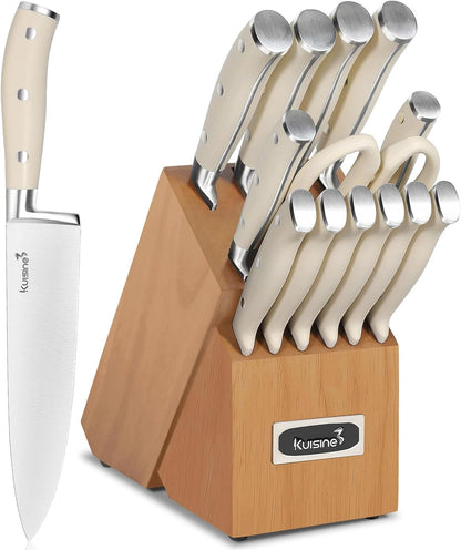Chef Knife Set, High Carbon Stainless Steel Ultra Sharp Blade Ergonomic Handle, Kitchen Knife Block Set with Built-in Sharpener, Elegant Gift for Holiday(15 PCS Pro White)