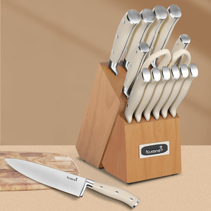 Chef Knife Set, High Carbon Stainless Steel Ultra Sharp Blade Ergonomic Handle, Kitchen Knife Block Set with Built-in Sharpener, Elegant Gift for Holiday(15 PCS Pro White)