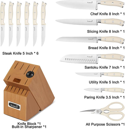 Chef Knife Set, High Carbon Stainless Steel Ultra Sharp Blade Ergonomic Handle, Kitchen Knife Block Set with Built-in Sharpener, Elegant Gift for Holiday(15 PCS Pro White)