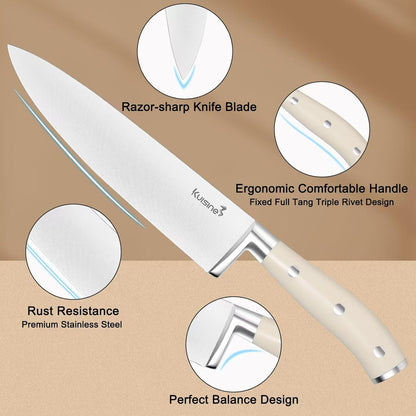 Chef Knife Set, High Carbon Stainless Steel Ultra Sharp Blade Ergonomic Handle, Kitchen Knife Block Set with Built-in Sharpener, Elegant Gift for Holiday(15 PCS Pro White)