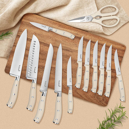 Chef Knife Set, High Carbon Stainless Steel Ultra Sharp Blade Ergonomic Handle, Kitchen Knife Block Set with Built-in Sharpener, Elegant Gift for Holiday(15 PCS Pro White)