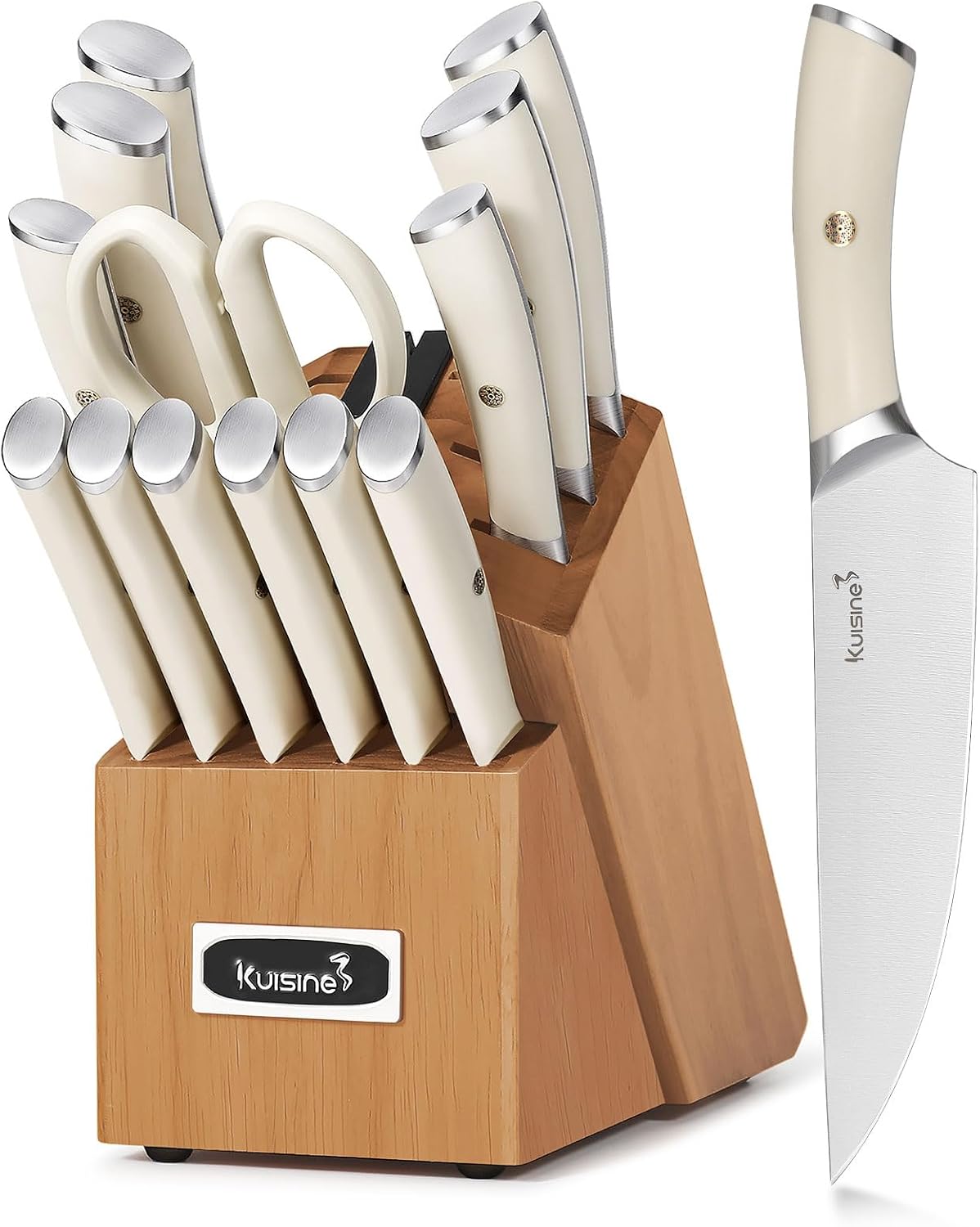 Chef Knife Set, High Carbon Stainless Steel Ultra Sharp Blade Ergonomic Handle, Kitchen Knife Block Set with Built-in Sharpener, Elegant Gift for Holiday(15 PCS Pro White)