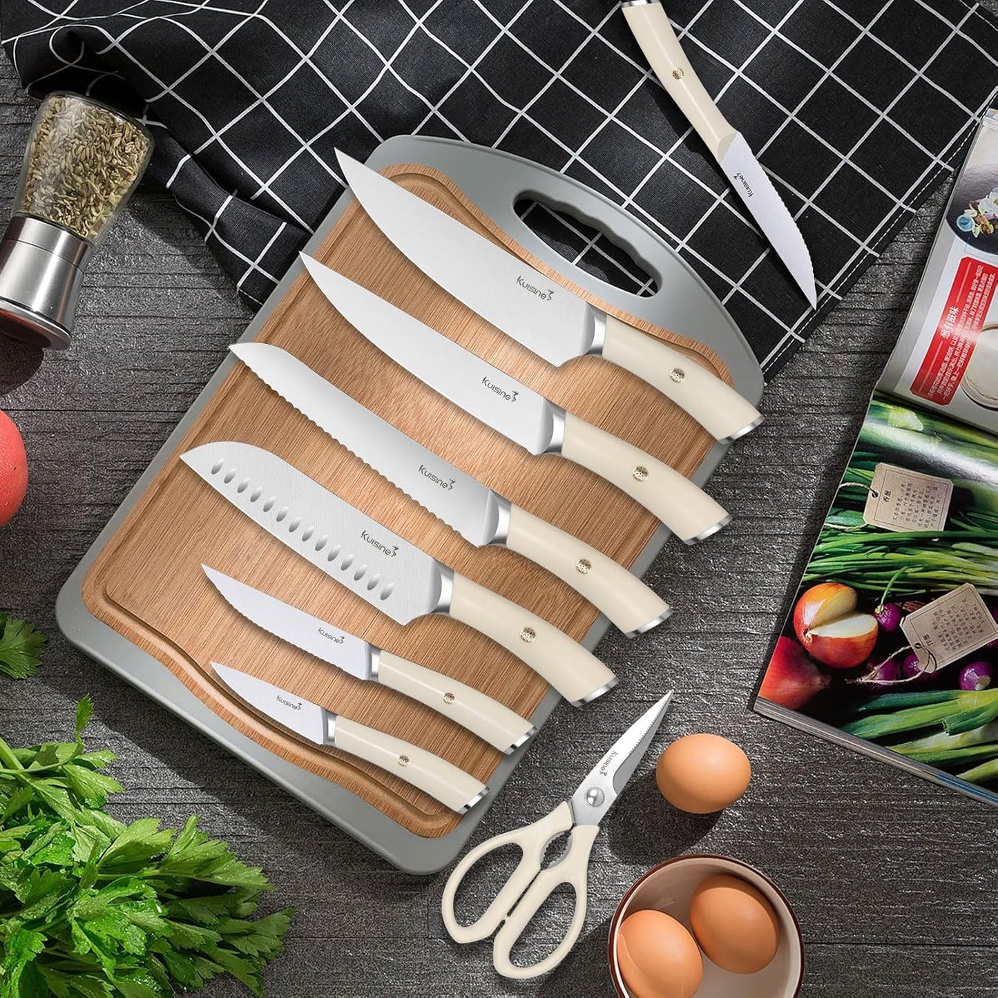 Chef Knife Set, High Carbon Stainless Steel Ultra Sharp Blade Ergonomic Handle, Kitchen Knife Block Set with Built-in Sharpener, Elegant Gift for Holiday(15 PCS Pro White)