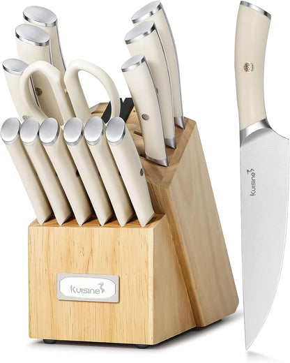 Chef Knife Set, High Carbon Stainless Steel Ultra Sharp Blade Ergonomic Handle, Kitchen Knife Block Set with Built-in Sharpener, Elegant Gift for Holiday(15 PCS Pro White)
