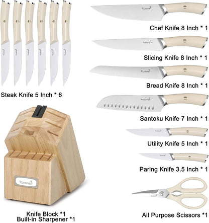 Chef Knife Set, High Carbon Stainless Steel Ultra Sharp Blade Ergonomic Handle, Kitchen Knife Block Set with Built-in Sharpener, Elegant Gift for Holiday(15 PCS Pro White)