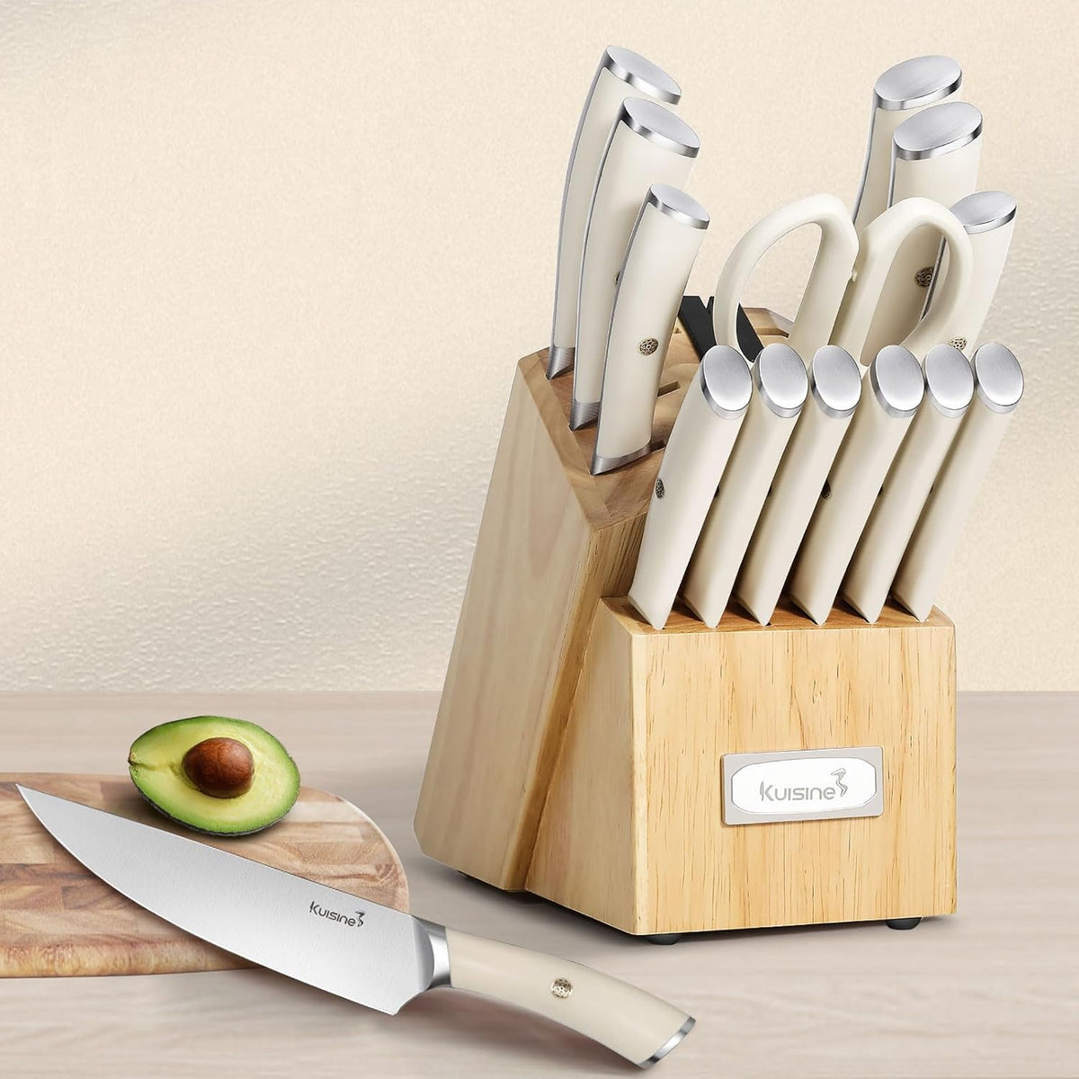 Chef Knife Set, High Carbon Stainless Steel Ultra Sharp Blade Ergonomic Handle, Kitchen Knife Block Set with Built-in Sharpener, Elegant Gift for Holiday(15 PCS Pro White)