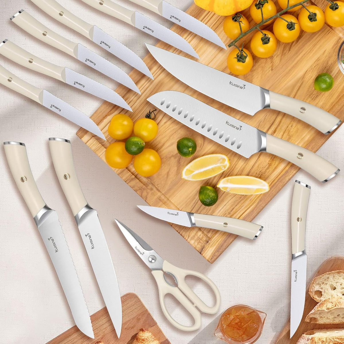 Chef Knife Set, High Carbon Stainless Steel Ultra Sharp Blade Ergonomic Handle, Kitchen Knife Block Set with Built-in Sharpener, Elegant Gift for Holiday(15 PCS Pro White)