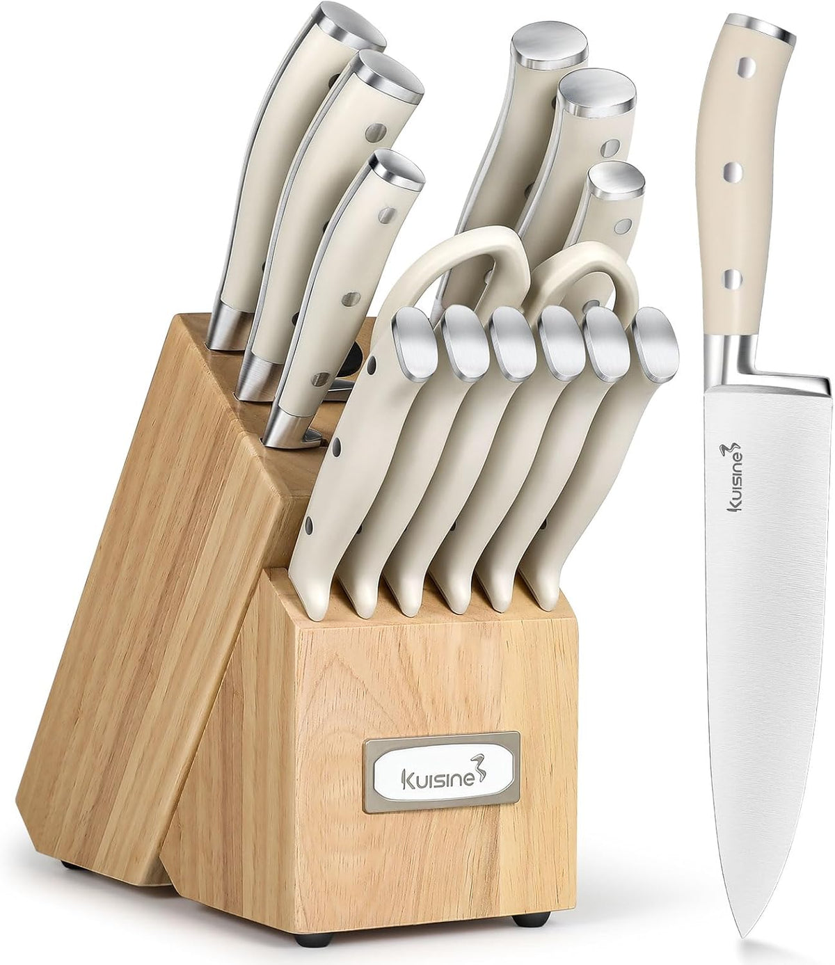 Chef Knife Set, High Carbon Stainless Steel Ultra Sharp Blade Ergonomic Handle, Kitchen Knife Block Set with Built-in Sharpener, Elegant Gift for Holiday(15 PCS Pro White)