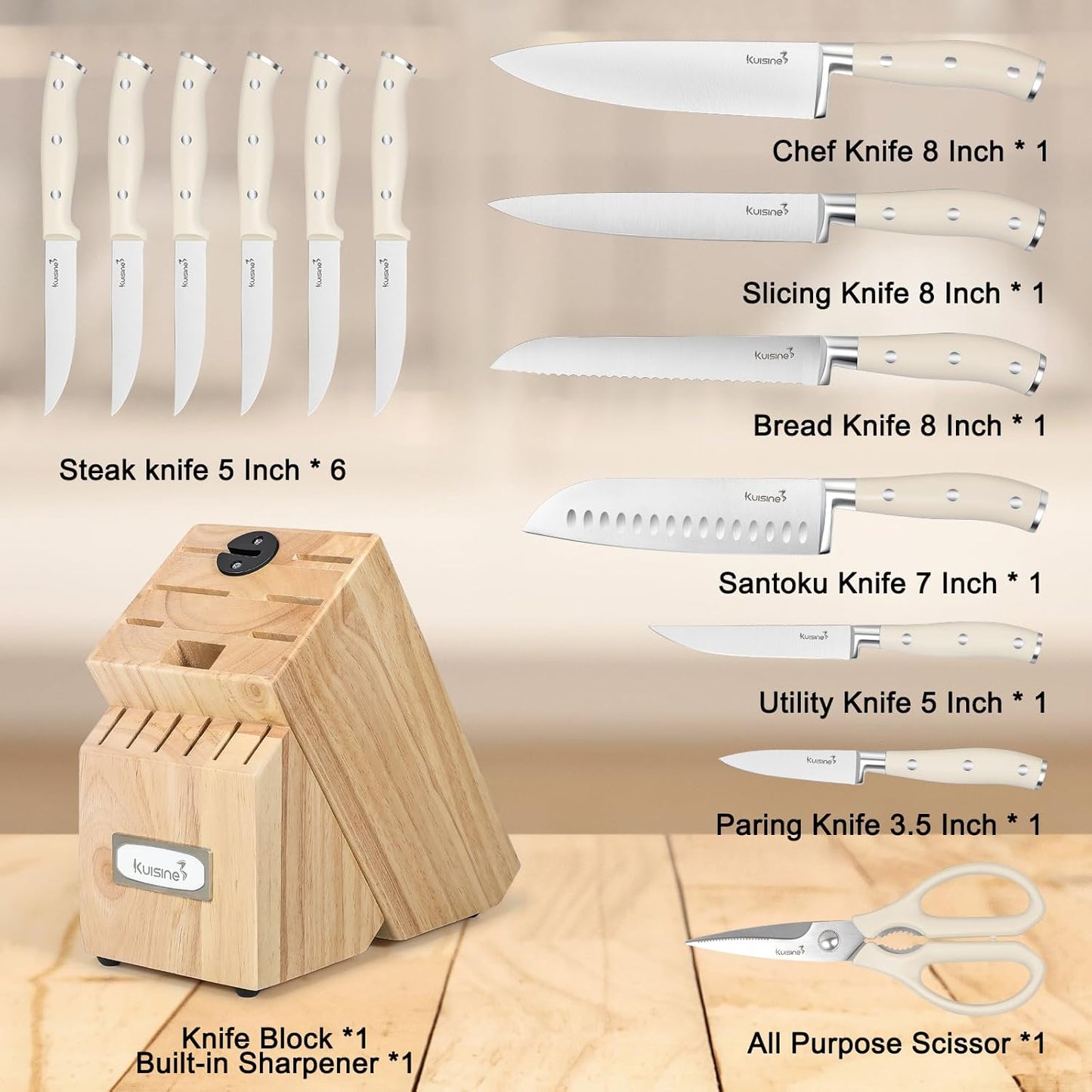 Chef Knife Set, High Carbon Stainless Steel Ultra Sharp Blade Ergonomic Handle, Kitchen Knife Block Set with Built-in Sharpener, Elegant Gift for Holiday(15 PCS Pro White)