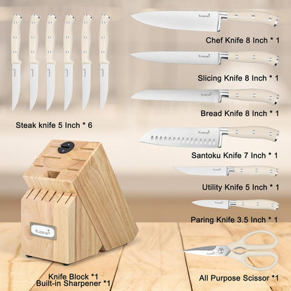 Chef Knife Set, High Carbon Stainless Steel Ultra Sharp Blade Ergonomic Handle, Kitchen Knife Block Set with Built-in Sharpener, Elegant Gift for Holiday(15 PCS Pro White)
