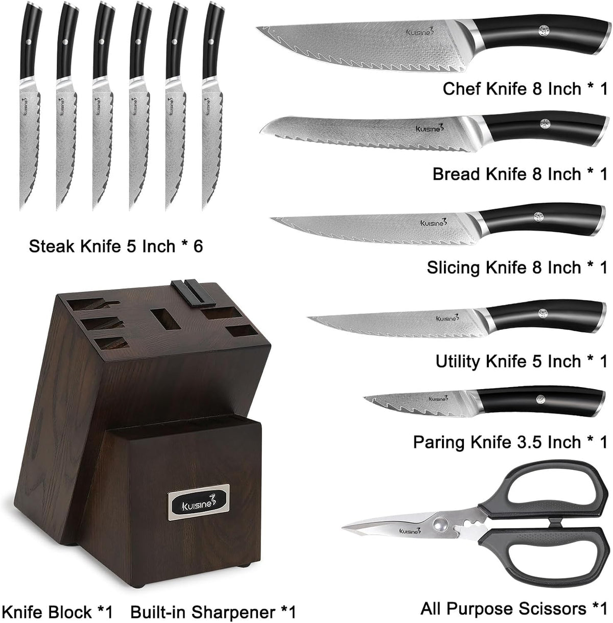 Chef Knife Set, High Carbon Stainless Steel Ultra Sharp Blade Ergonomic Handle, Kitchen Knife Block Set with Built-in Sharpener, Elegant Gift for Holiday(15 PCS Pro White)