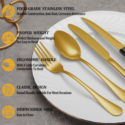 24 Pcs Silverware Set with Steak Knives for 4, Stainless Steel Flatware Set, Mirror Polished Cutlery Utensil Sets, Home Kitchen Eating Tableware, Dishwasher Safe