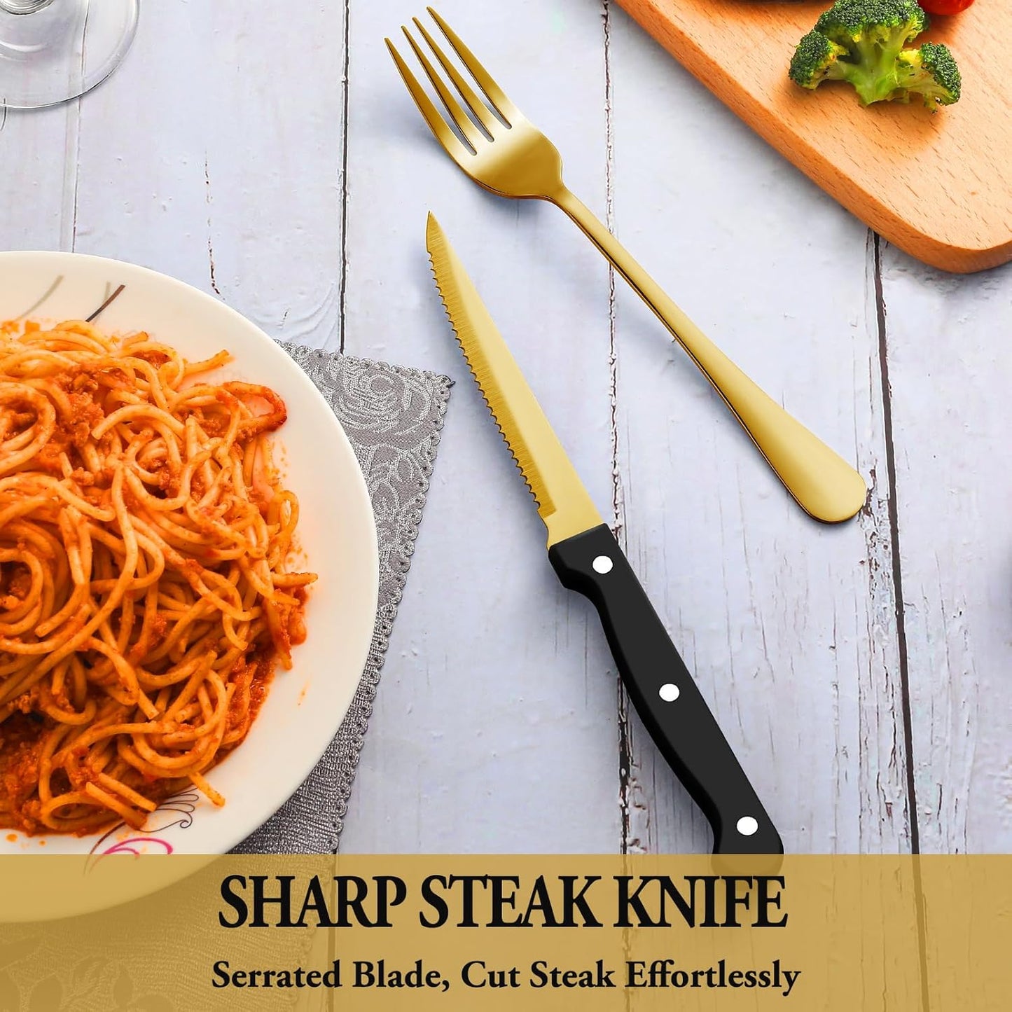 24 Pcs Silverware Set with Steak Knives for 4, Stainless Steel Flatware Set, Mirror Polished Cutlery Utensil Sets, Home Kitchen Eating Tableware, Dishwasher Safe