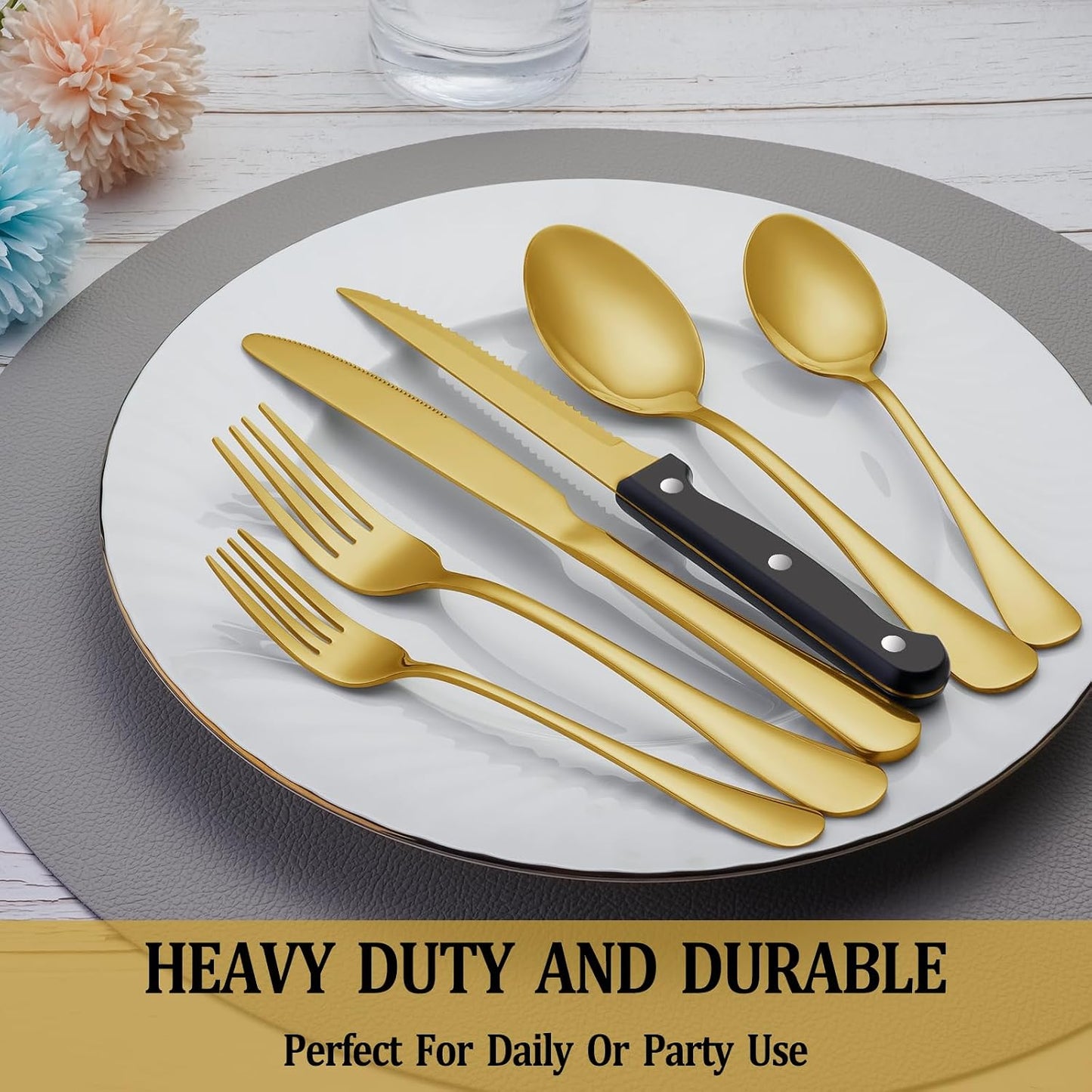 24 Pcs Silverware Set with Steak Knives for 4, Stainless Steel Flatware Set, Mirror Polished Cutlery Utensil Sets, Home Kitchen Eating Tableware, Dishwasher Safe