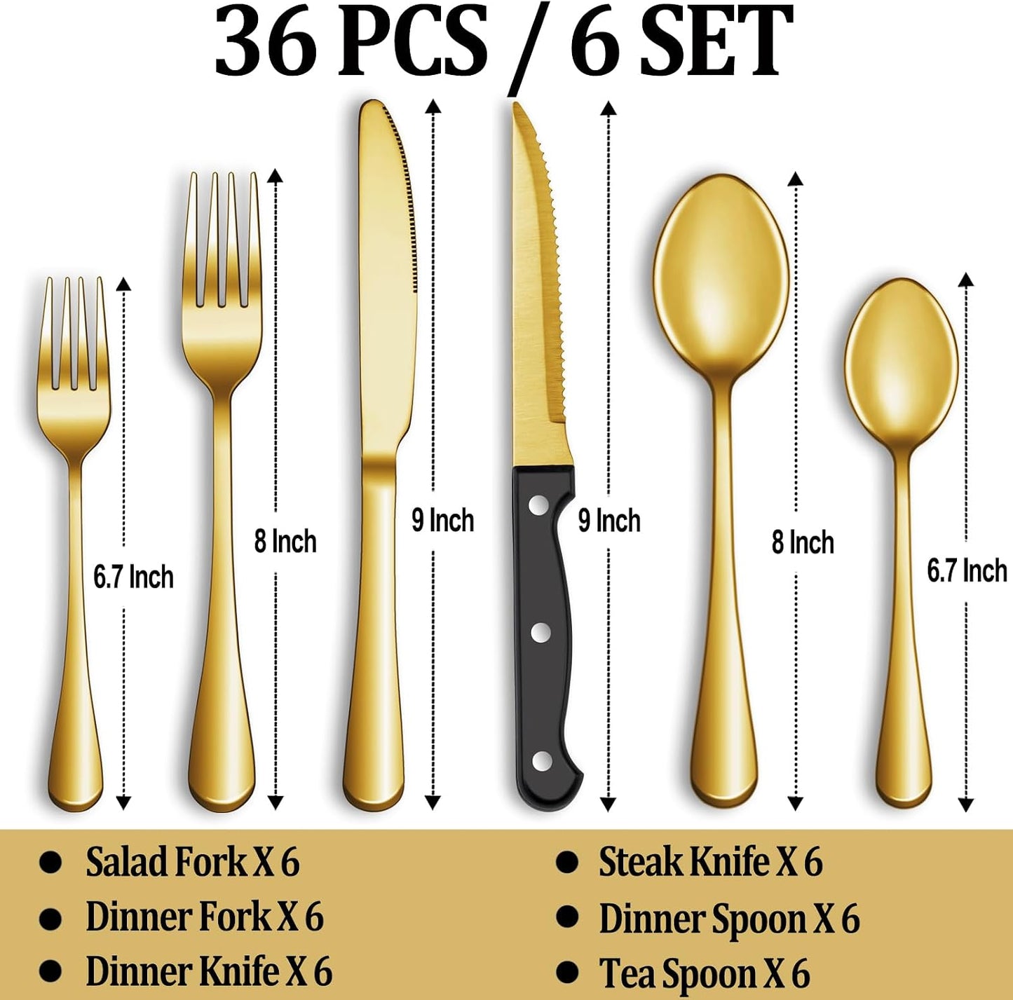 24 Pcs Silverware Set with Steak Knives for 4, Stainless Steel Flatware Set, Mirror Polished Cutlery Utensil Sets, Home Kitchen Eating Tableware, Dishwasher Safe