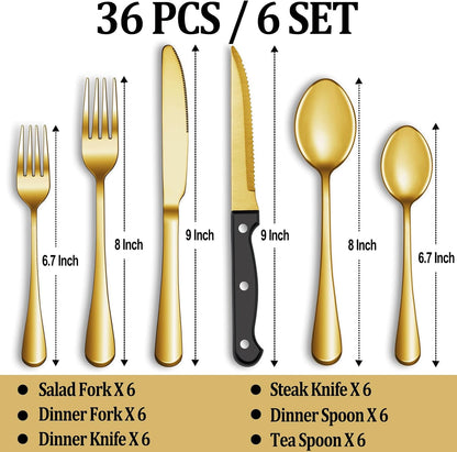 24 Pcs Silverware Set with Steak Knives for 4, Stainless Steel Flatware Set, Mirror Polished Cutlery Utensil Sets, Home Kitchen Eating Tableware, Dishwasher Safe