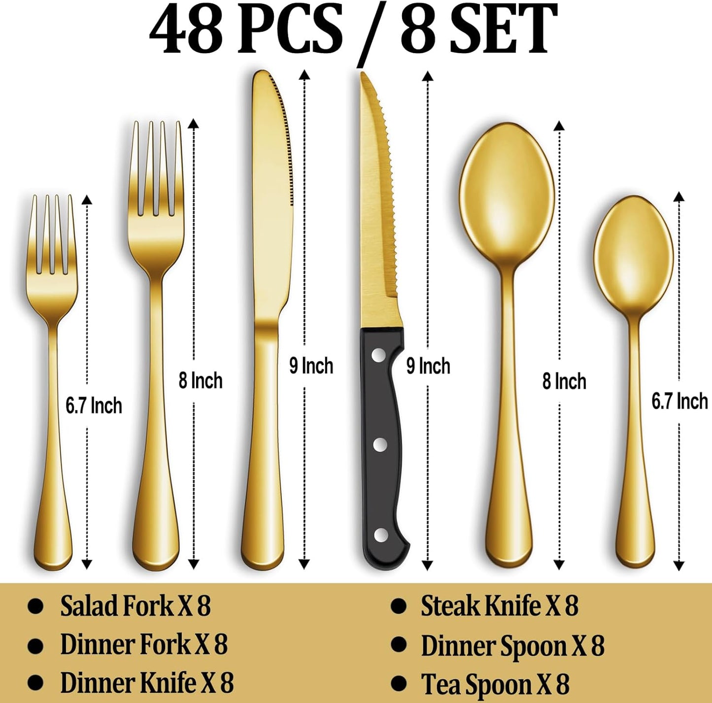 24 Pcs Silverware Set with Steak Knives for 4, Stainless Steel Flatware Set, Mirror Polished Cutlery Utensil Sets, Home Kitchen Eating Tableware, Dishwasher Safe