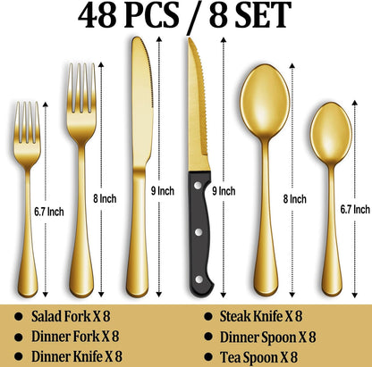 24 Pcs Silverware Set with Steak Knives for 4, Stainless Steel Flatware Set, Mirror Polished Cutlery Utensil Sets, Home Kitchen Eating Tableware, Dishwasher Safe