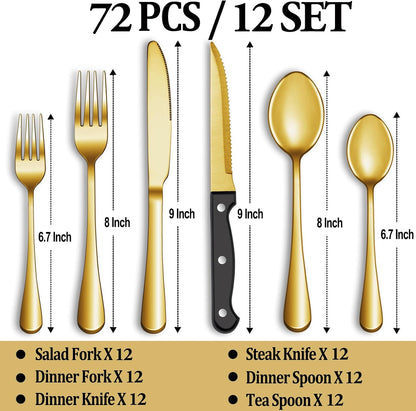 24 Pcs Silverware Set with Steak Knives for 4, Stainless Steel Flatware Set, Mirror Polished Cutlery Utensil Sets, Home Kitchen Eating Tableware, Dishwasher Safe