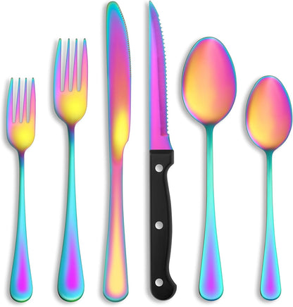 24 Pcs Silverware Set with Steak Knives for 4, Stainless Steel Flatware Set, Mirror Polished Cutlery Utensil Sets, Home Kitchen Eating Tableware, Dishwasher Safe