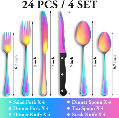 24 Pcs Silverware Set with Steak Knives for 4, Stainless Steel Flatware Set, Mirror Polished Cutlery Utensil Sets, Home Kitchen Eating Tableware, Dishwasher Safe