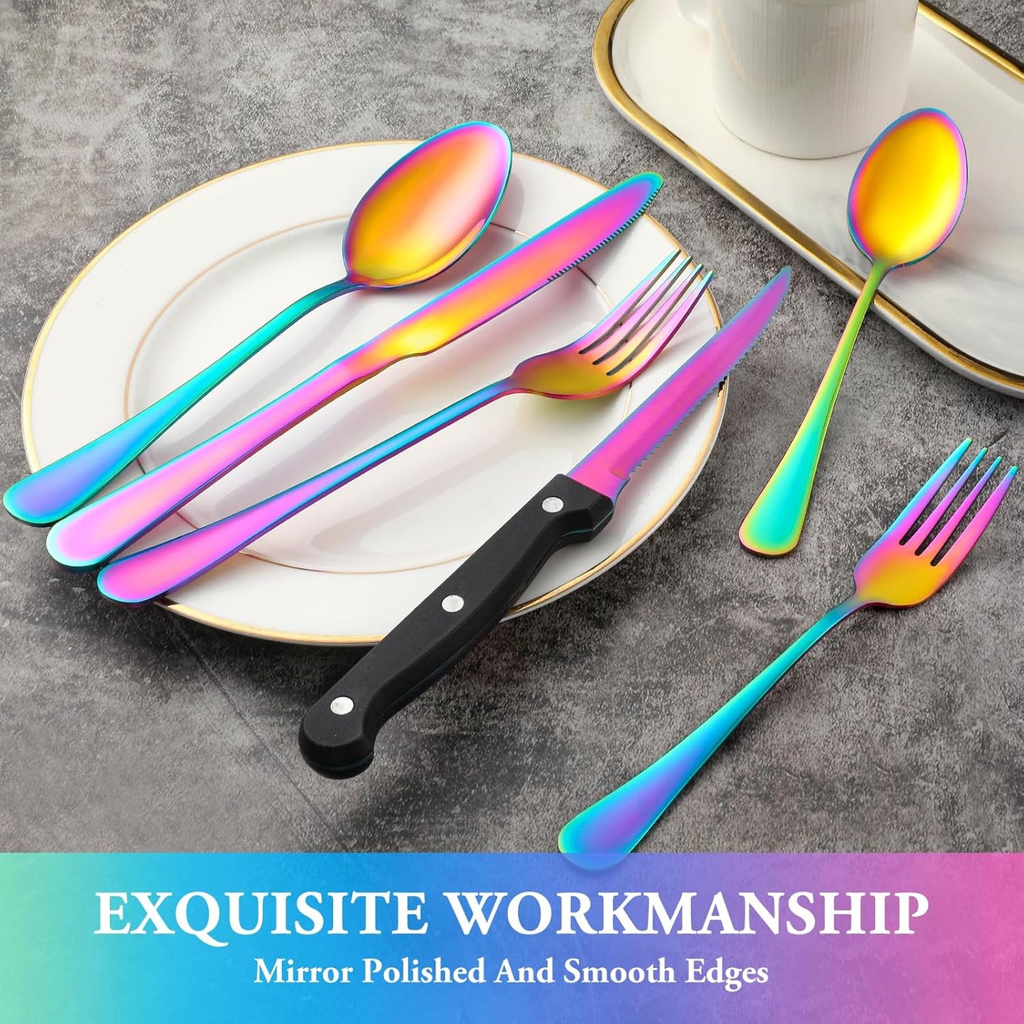 24 Pcs Silverware Set with Steak Knives for 4, Stainless Steel Flatware Set, Mirror Polished Cutlery Utensil Sets, Home Kitchen Eating Tableware, Dishwasher Safe
