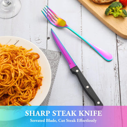24 Pcs Silverware Set with Steak Knives for 4, Stainless Steel Flatware Set, Mirror Polished Cutlery Utensil Sets, Home Kitchen Eating Tableware, Dishwasher Safe