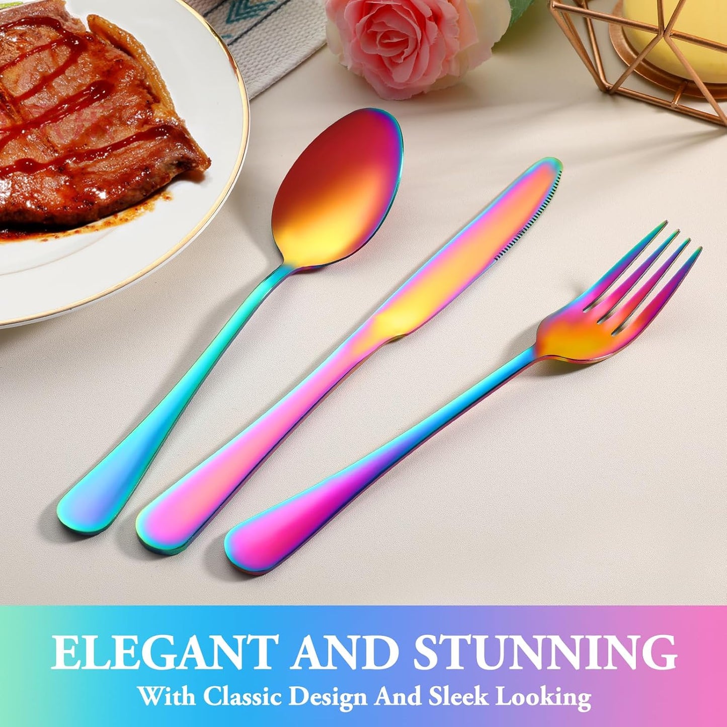 24 Pcs Silverware Set with Steak Knives for 4, Stainless Steel Flatware Set, Mirror Polished Cutlery Utensil Sets, Home Kitchen Eating Tableware, Dishwasher Safe
