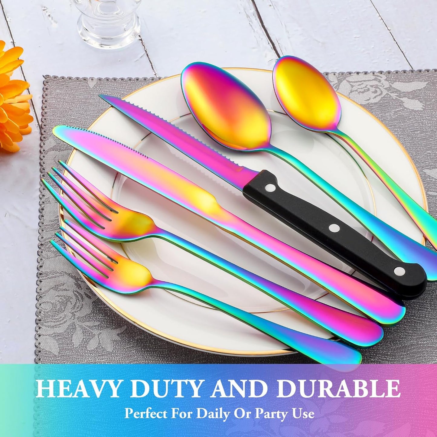 24 Pcs Silverware Set with Steak Knives for 4, Stainless Steel Flatware Set, Mirror Polished Cutlery Utensil Sets, Home Kitchen Eating Tableware, Dishwasher Safe