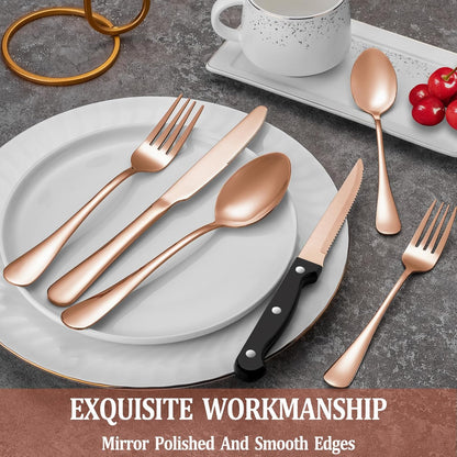 24 Pcs Silverware Set with Steak Knives for 4, Stainless Steel Flatware Set, Mirror Polished Cutlery Utensil Sets, Home Kitchen Eating Tableware, Dishwasher Safe