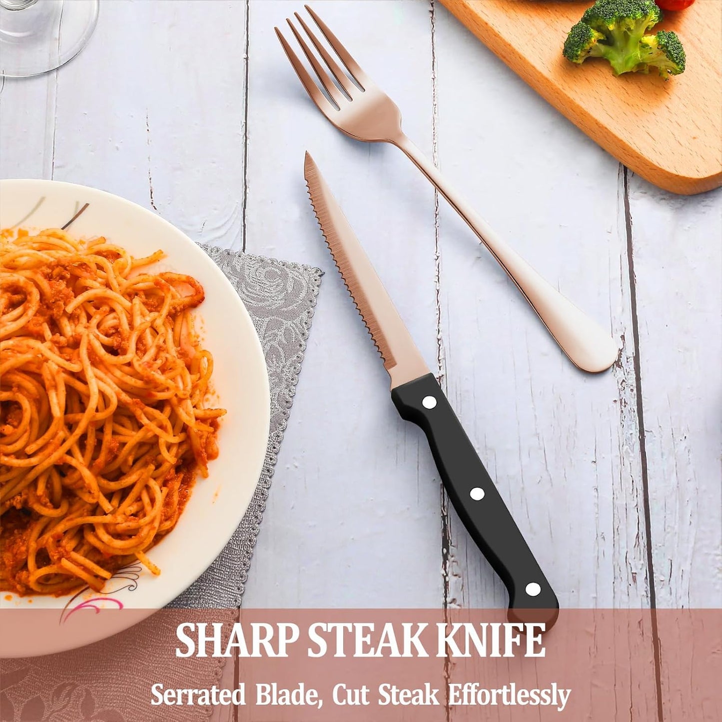 24 Pcs Silverware Set with Steak Knives for 4, Stainless Steel Flatware Set, Mirror Polished Cutlery Utensil Sets, Home Kitchen Eating Tableware, Dishwasher Safe