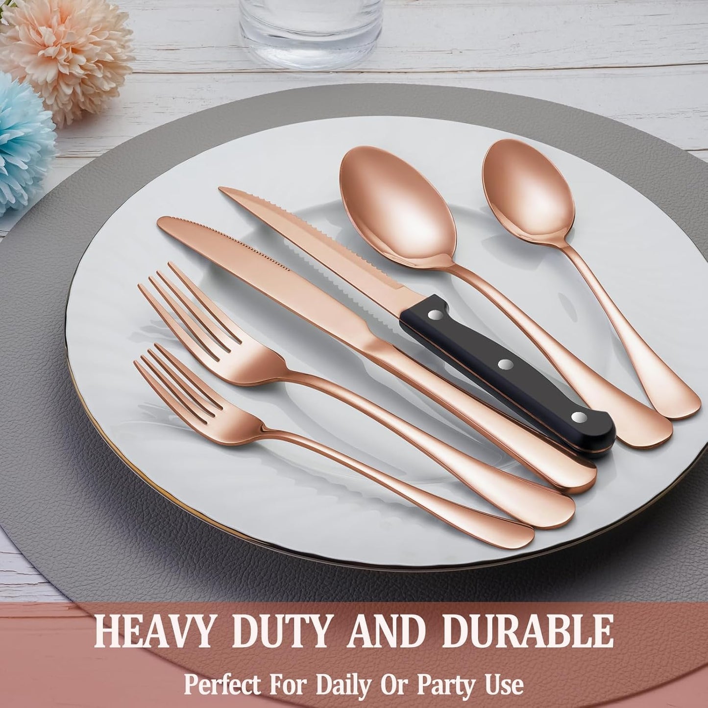24 Pcs Silverware Set with Steak Knives for 4, Stainless Steel Flatware Set, Mirror Polished Cutlery Utensil Sets, Home Kitchen Eating Tableware, Dishwasher Safe