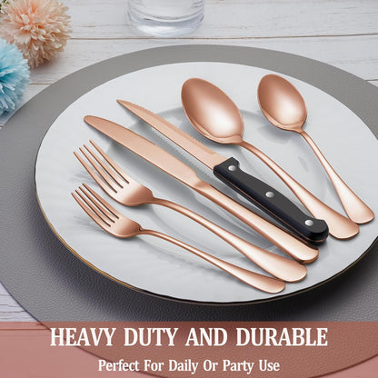 24 Pcs Silverware Set with Steak Knives for 4, Stainless Steel Flatware Set, Mirror Polished Cutlery Utensil Sets, Home Kitchen Eating Tableware, Dishwasher Safe
