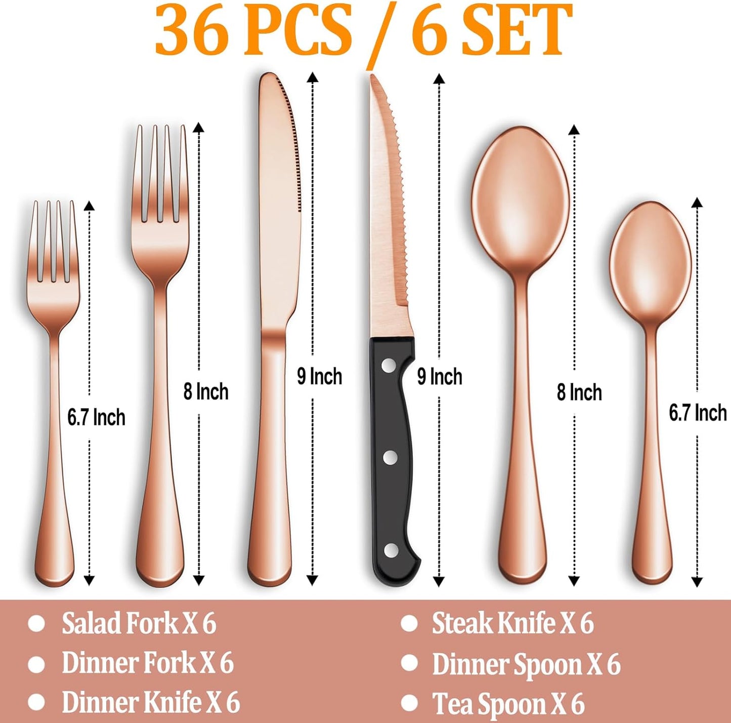 24 Pcs Silverware Set with Steak Knives for 4, Stainless Steel Flatware Set, Mirror Polished Cutlery Utensil Sets, Home Kitchen Eating Tableware, Dishwasher Safe