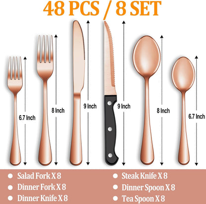24 Pcs Silverware Set with Steak Knives for 4, Stainless Steel Flatware Set, Mirror Polished Cutlery Utensil Sets, Home Kitchen Eating Tableware, Dishwasher Safe