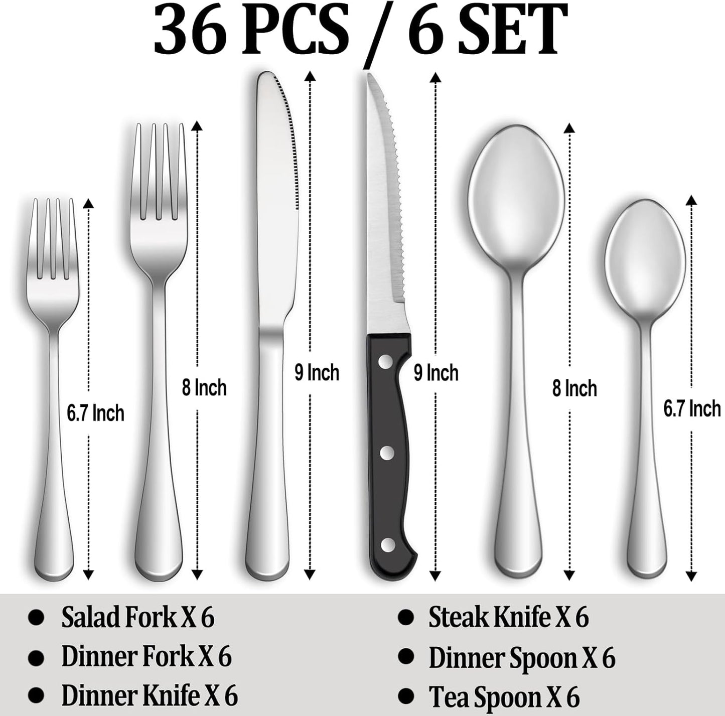24 Pcs Silverware Set with Steak Knives for 4, Stainless Steel Flatware Set, Mirror Polished Cutlery Utensil Sets, Home Kitchen Eating Tableware, Dishwasher Safe