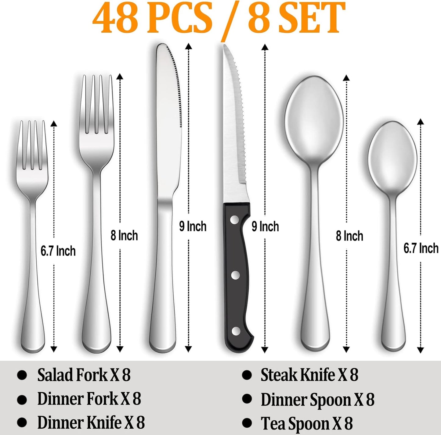 24 Pcs Silverware Set with Steak Knives for 4, Stainless Steel Flatware Set, Mirror Polished Cutlery Utensil Sets, Home Kitchen Eating Tableware, Dishwasher Safe