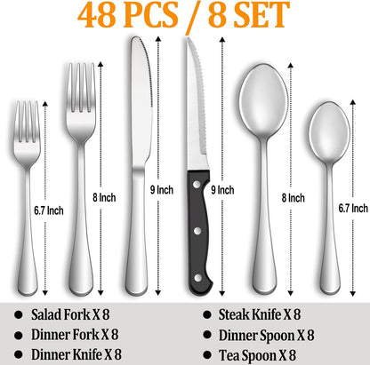 24 Pcs Silverware Set with Steak Knives for 4, Stainless Steel Flatware Set, Mirror Polished Cutlery Utensil Sets, Home Kitchen Eating Tableware, Dishwasher Safe