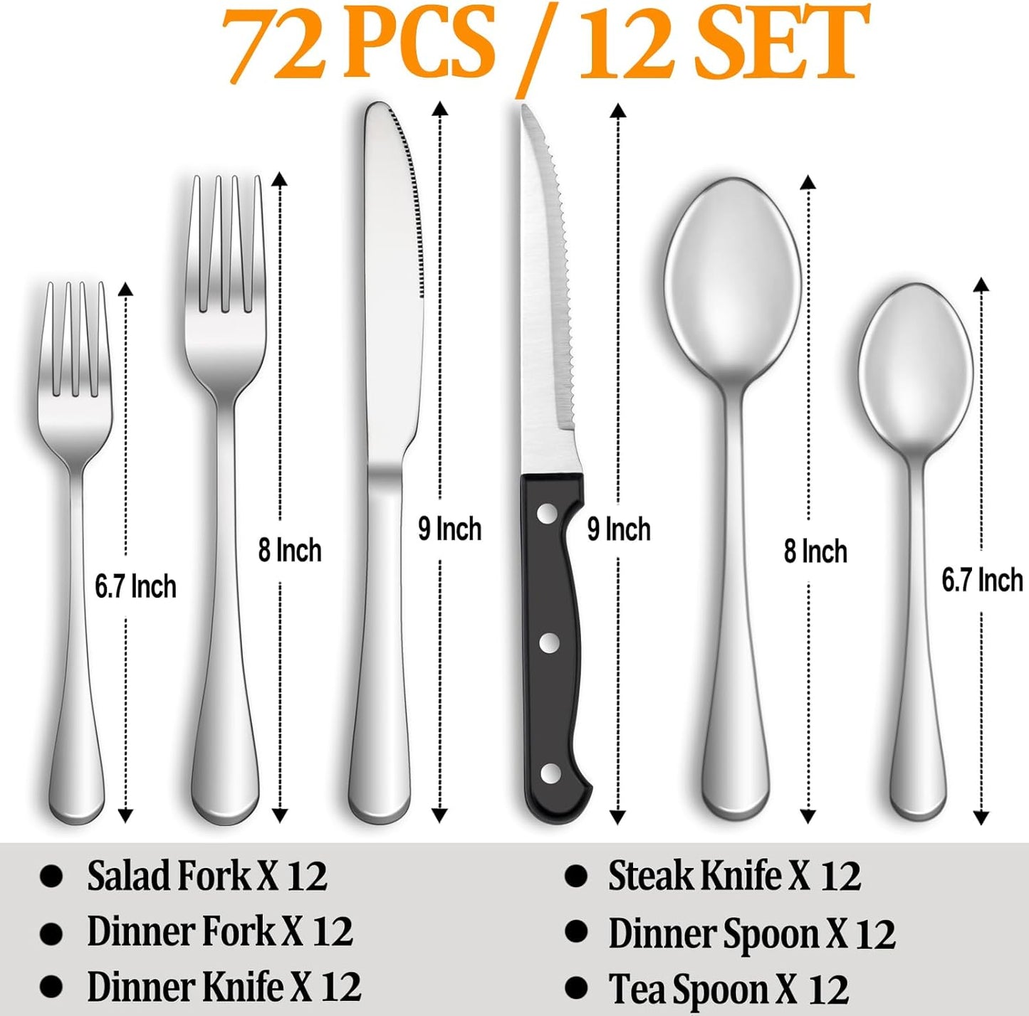 24 Pcs Silverware Set with Steak Knives for 4, Stainless Steel Flatware Set, Mirror Polished Cutlery Utensil Sets, Home Kitchen Eating Tableware, Dishwasher Safe