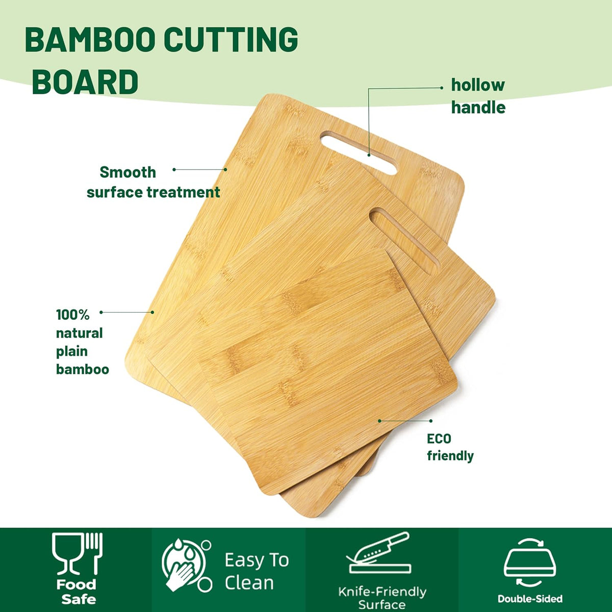 Bamboo Cutting Board Set of 3 for Kitchen | Wooden, Lightweight, Hanging Hole for Easy Storage, Knife Friendly, Food Grade